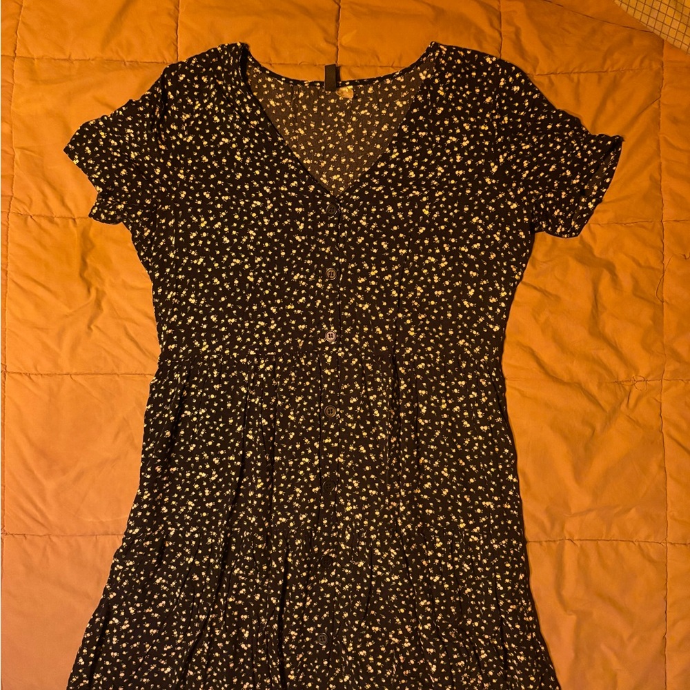 Divided Black and White Floral Midi Dress